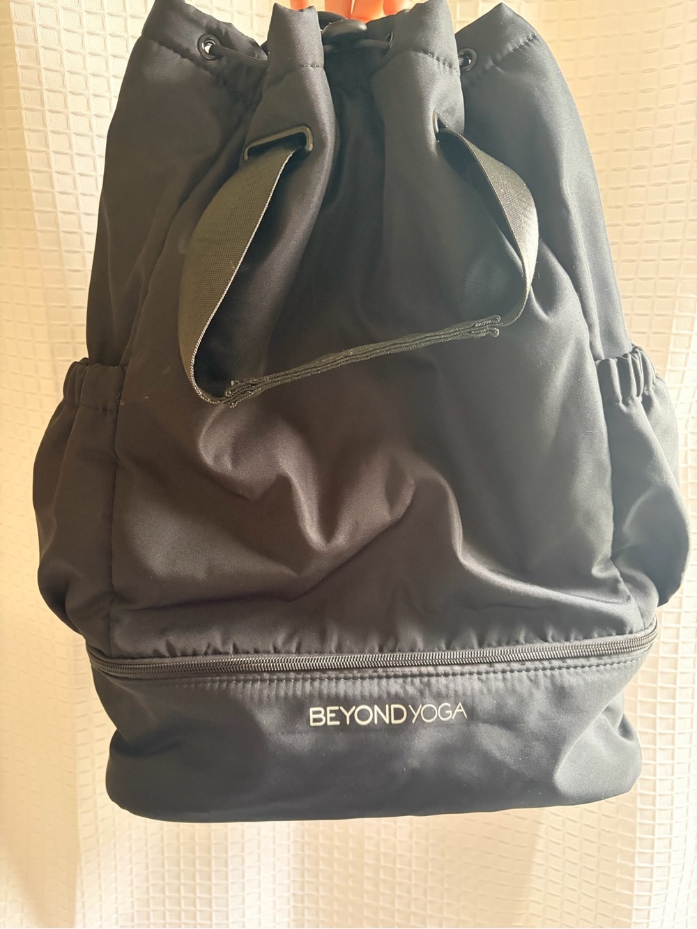 Beyond Yoga Black Drawstring Gym Backpack with Zippered Base